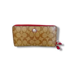Coach Signature Zip Around Wallet Khaki Red Trim – Wear on Edges